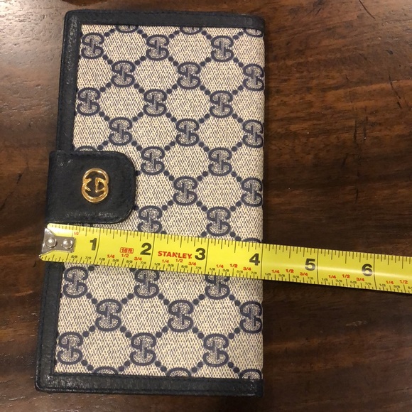 GUCCI GG Monogram Navy Blue Leather and Coated Canvas Long Bifold Wallet Vintage - Picture 5 of 17